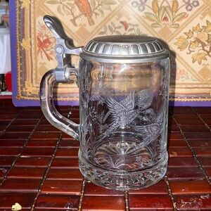 ALWE Crystal Beer Stein/Tankard, Pewter Lid and Etched Ducks